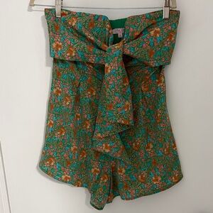 Pink Lily Green Floral Strapless Romper with Tie